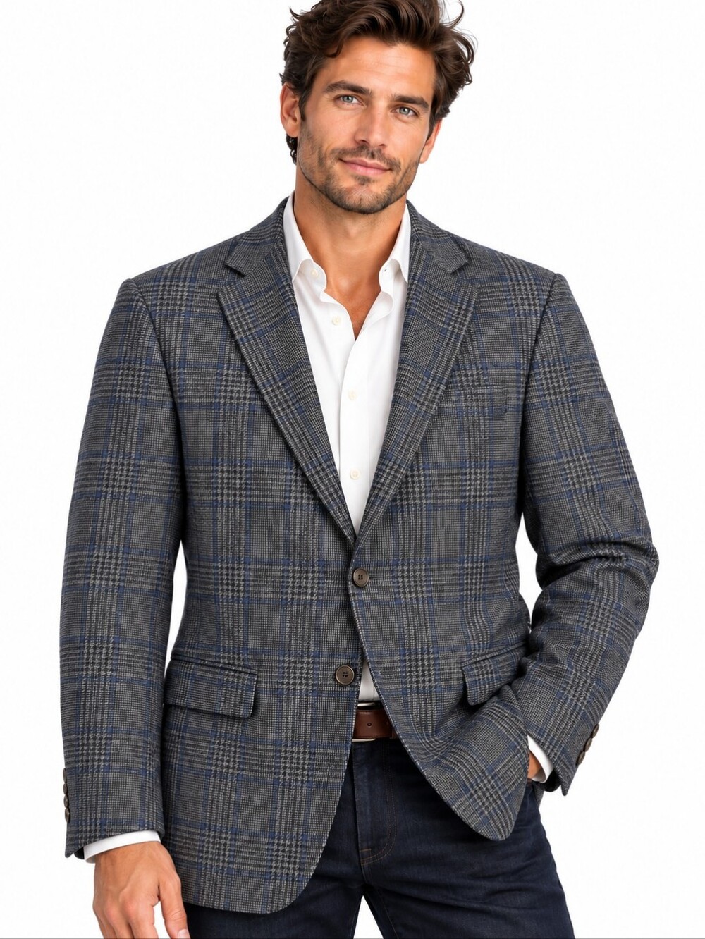 Ermenegildo Zegna Mila 54R Wool Plaid Sport Coat Blazer Gray Blue EUC